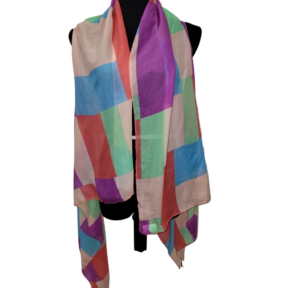 Patchwork One Size Sheer Sleeveless Open Cardigan Pastel Colorblock Festival